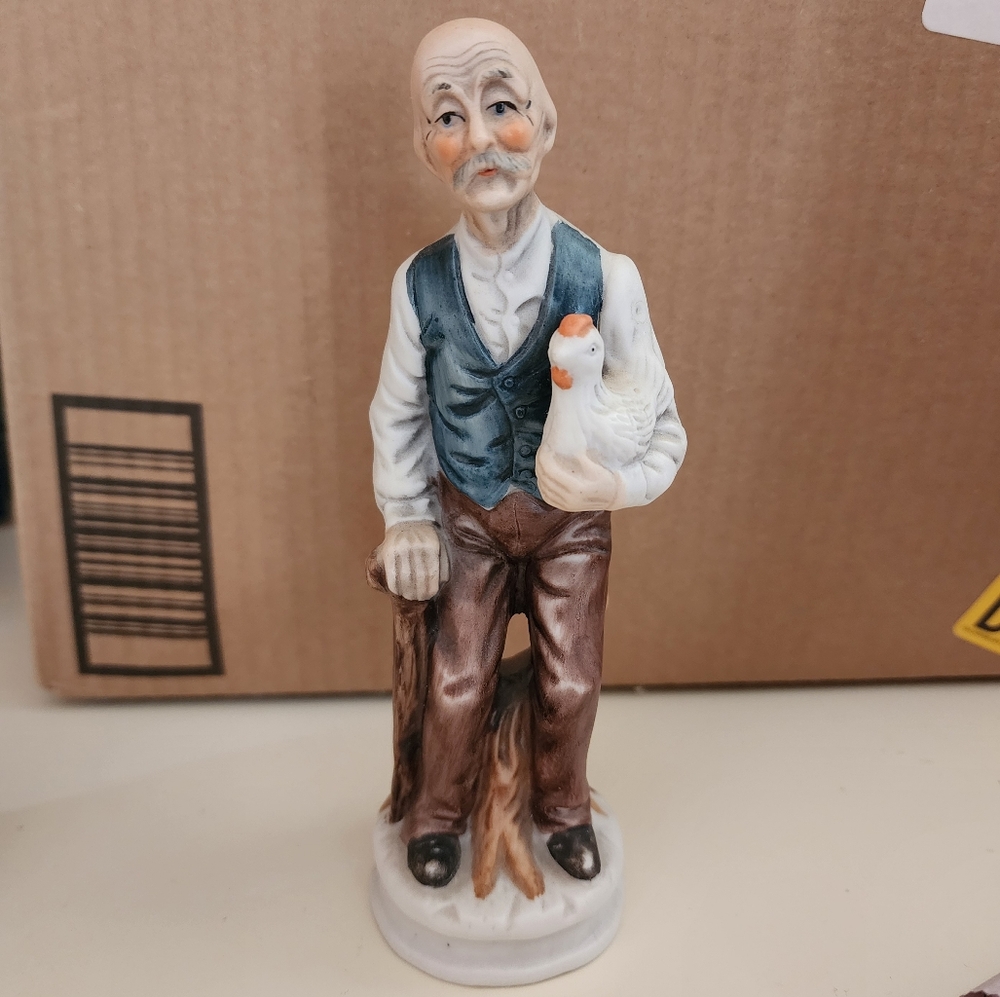 Vintage Porcelain Old Man With Chicken And Cane Figurine 7" Tall